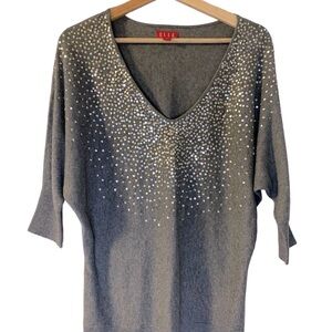 Elle Gray V-Neck Sequined Fribt Knit Sweater, in Women's Size M